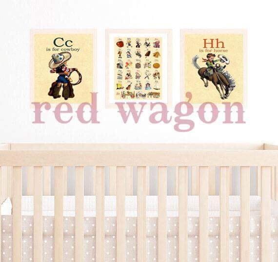 Custom C is for Cowboy, H is for Horse, Alphabet Retro Vintage Cowboy Buckaroo A4 3 flashcard print wall art set Il_570xn