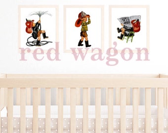 Retro Vintage Boy Fireman Firefighter A4 3 print wall art set