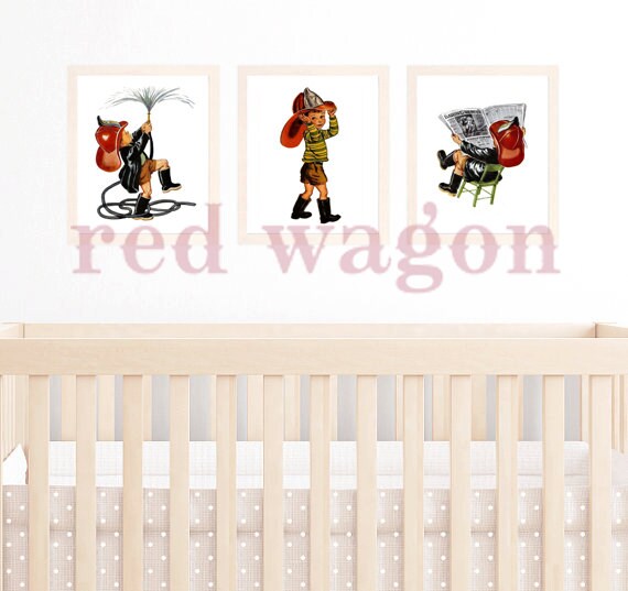 Retro Vintage Boy Fireman A4 3 print wall art set Il_570xn