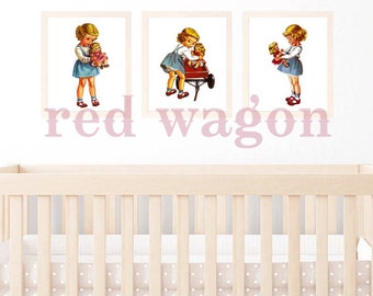 Retro Vintage Girl Dolly Wagon A4 3 print wall art set