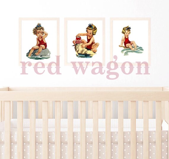 Retro Vintage Girl Beach Seaside Ocean A4 3 print wall art set Il_570xn