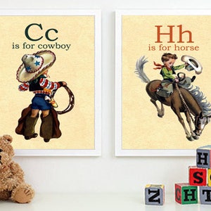 C is for Cowboy, H is for Horse-Retro Vintage Boy Cowboy Buckaroo A4 2 alphabet flashcard print wall art set