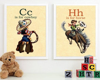 C is for Cowboy, H is for Horse-Retro Vintage Boy Cowboy Buckaroo A4 2 Alphabet Flashcard Print Wandkunst Set