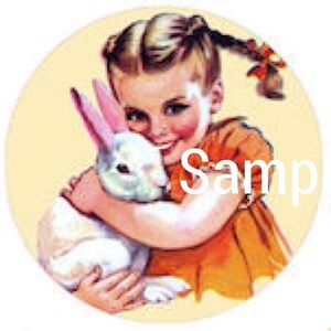 Evie with her Bunny Rabbit vintage retro nursery girls art print circular 11 inch diameter A3 print 30x30 frame