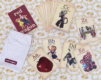 Vintage ABC alphabet flash cards with canvas drawstring bag