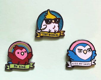 Chubby Bird Hard Enamel Pin, Lapel Pin, "Be Kind" Cody the Lovebird and "'Tiel with it." Glitter Scooty the Cockatiel