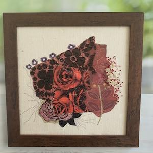 Red Flowers Hand Embroidery Wall Décor Textile Art, Modern Embroidery Art, Fabric Wall Hanging, Textile Wall Art for Living Room