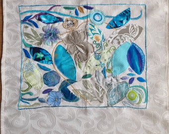 Flowers Embroidery Mini Quilt, Abstract Embroidery Painting, Israeli Artist, Embroidery Art Fabric Collage