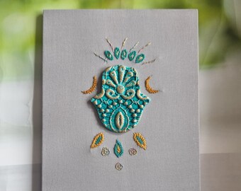 Green Hamsa Wall Decor, Hand Made Israeli Art Gift, Hamsa Wall Hanging Housewarming Gift