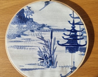 Japanese Hoop Art, Blue Finished Hoop Art Wall Hanging, Embroidered Wall Art