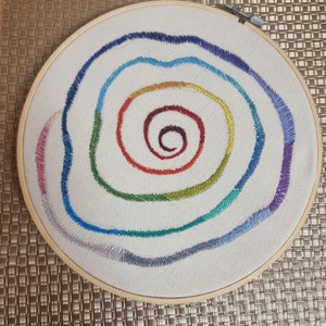 Rainbow Hand Embroidered Hoop Art: Calming Spiral Wall Hanging