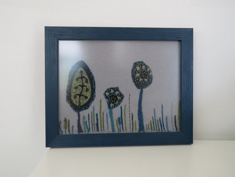 Blue trees hand embroidery art wall decor
