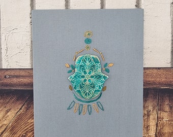 Handmade Hamsa Wall Art: Green Embroidery, Judaica Home Gift