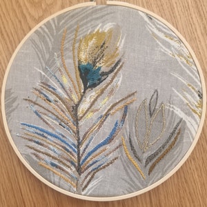 Blue and Gold Feather Finished Textile Hoop Wall Art