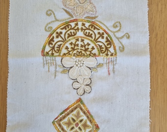 Golden Brown Hand Embroidery Textile Wall Fiber Art