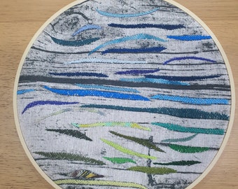 Arte abstracto de aro bordado a mano, decoración de pared colorida, arte de pared bordado a mano, arte de aro bordado