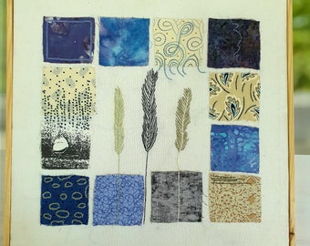 Blaue Hand bestickte Textilkunst Abstrakte Wandbehang