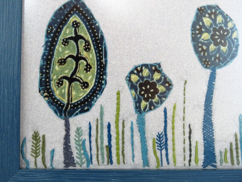 Blue trees hand embroidery art wall decor