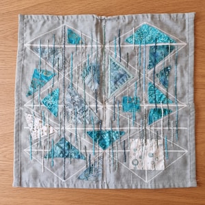 Abstract Hand Embroidered Fiber Art: Blue & Gray Textile Wall Decor