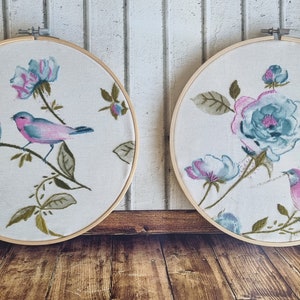 Two Hand Embroidered Nature Birds Hoop Art, Set of Hoop Art Pink Birds Wall Décor, Finished Hoop Art, Housewarming Gift