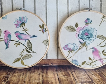 Hand Embroidered Birds Hoop Art, Set of 2, Floral Wall Decor