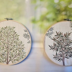 Hand Embroidered Tree Hoop Art Set: Green Nature Wall Decor