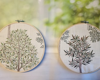 Hand Embroidered Tree Hoop Art Set: Green Nature Wall Decor
