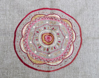 Hand Embroidered Pink Mandala Wall Art: Fiber Art Gift