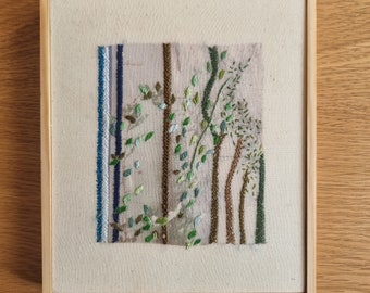 Blue and green abstract wall decor hand embroidery