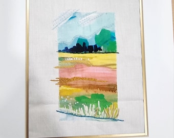 Hand Embroidered Landscape Art: Textile Wall Hanging with Passepartout