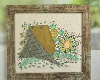 Mini Quilt Art, Green and Gold Print Embroidered Living Room Décor Art, Fabric Collage