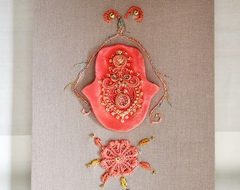 Pink Hamsa, Gift for home, Hamsa wall art, Embroidery wall hanging, Hand embroidery, fiber art, Embroidery art, Judaica Art