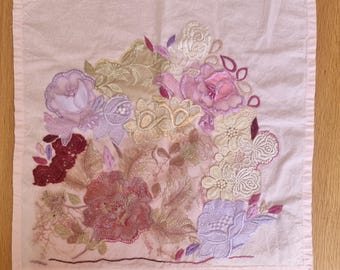 Pink Embroidered Textile Art Collage: Lace Wall Hanging