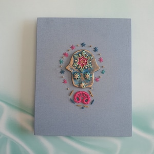 Embroidered Hamsa Wall Art: Green & Pink Fatima Hand, Israeli Gift