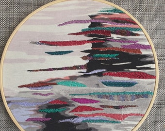 Hand Embroidered Abstract Wave Hoop Art: Textile Wall Decor