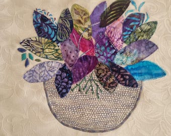 Hand Embroidery Flowers Art: Textile Vase Wall Hanging