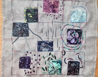 Modern Abstract Hand Embroidered Purple Textile Artwork for Living Room