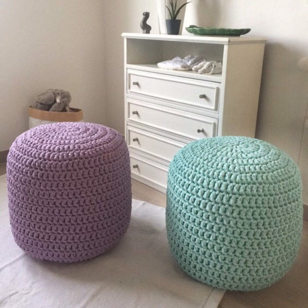 Light Mint Crochet Pouf Ottoman, Round Footstool Pouffe, Pastel Scandinavian Furniture for Nursery Decor, New Parent Gifts