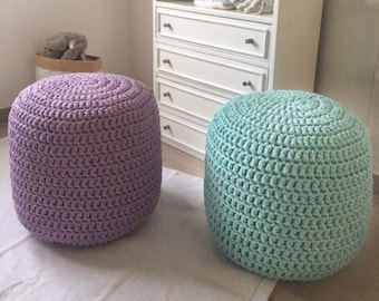 Light Mint Crochet Pouf Ottoman, Round Footstool Pouffe, Pastel Scandinavian Furniture for Nursery Decor, New Parent Gifts