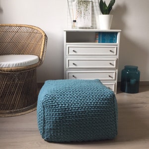 Square Ottoman Slipcover, Custom Crochet Pouf Stool Cover, Chunky Knit Case, Eco-friendly Covers for Home