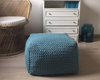 Square Ottoman Slipcover, Custom Crochet Pouf Stool Cover, Chunky Knit Case, Eco-friendly Covers for Home