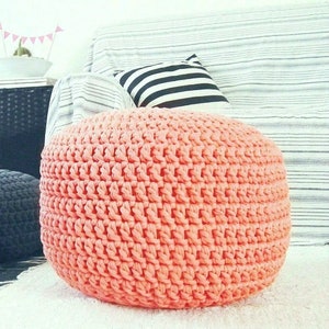 Peach Round Ottoman Pouf, Coral Crochet Footstool Pouffe, Nursery Furnishing - Modern Baby Room Decor