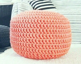 Peach Round Ottoman Pouf, Coral Crochet Footstool Pouffe, Nursery Furnishing, Modern Baby Room Decor, Mother Handmade Gift