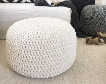 Large chunky knit pouffe, Pearl round ottoman coffee table, Boho Farmhouse furniture - Home decor gift