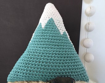 Snowy Mountain Pillow, Woodland Nursery Decor, Adventures Cushion Toy, Teal Large Crochet Mountain, Nature Lovers Gift