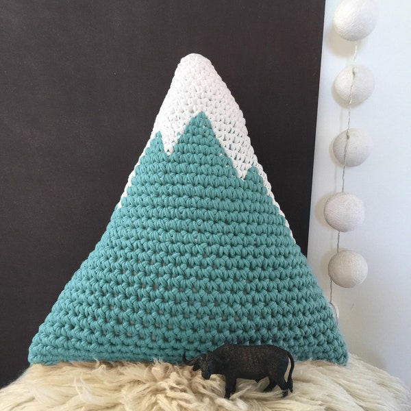 Snowy Mountain Pillow, Woodland Nursery Decor, Adventures Cushion Toy, Teal Large Crochet Mountain, Nature Lovers Gift