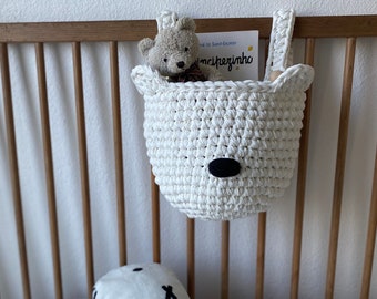 Bear Basket for Crib, Crochet Hanging Pocket, Cradle Storage Toy Bag, Nursery Organizer, Woodland Newborn Bed Decor, New Parents Gift