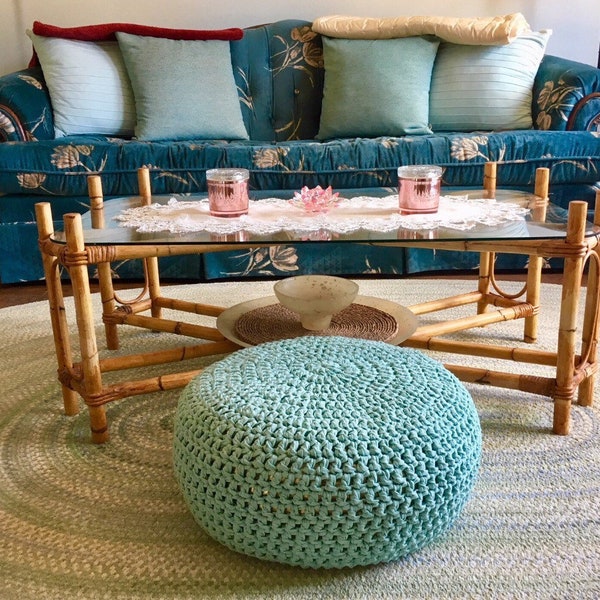 Crochet Pouf Cover, Round Knitted Slipcover for Moroccan Poufs and Ikea Stool Poufs - Upcycle Furniture