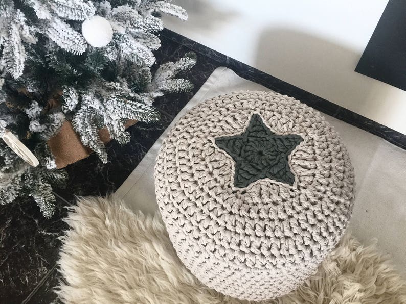 Knit Footstool Pouffe for Modern Nursery Decor Round Crochet Pouf Ottoman with Star Pale Blue Kids Floor Seating Toddler Birthday Gift