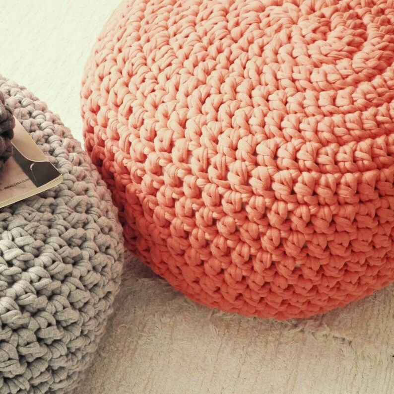 Peach Round Ottoman Pouf, Coral Crochet Footstool Pouffe, Nursery Furnishing, Modern Baby Room Decor, Mother Handmade Gift image 6